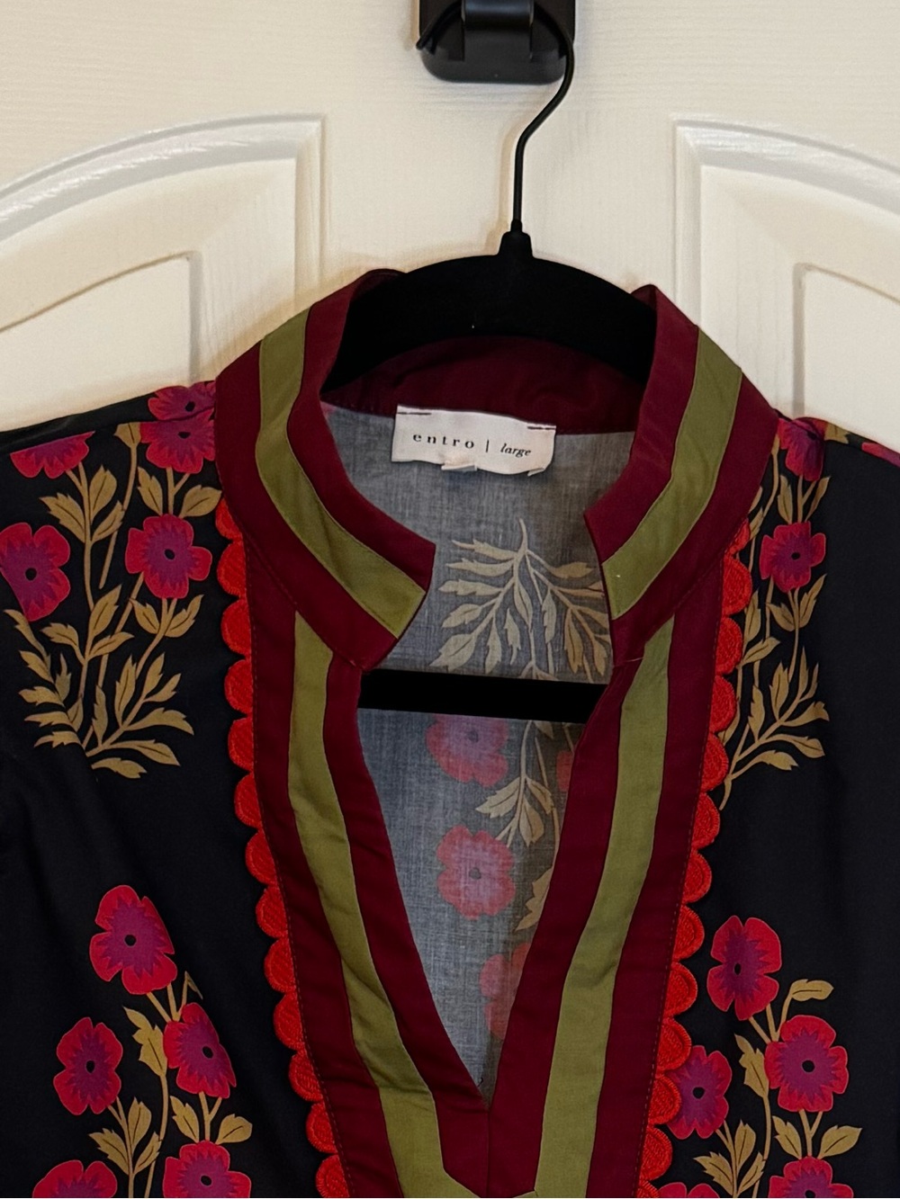 entro Floral Embroidered Black Tunic with Burgundy and Olive Trim - Picture 2 of 4